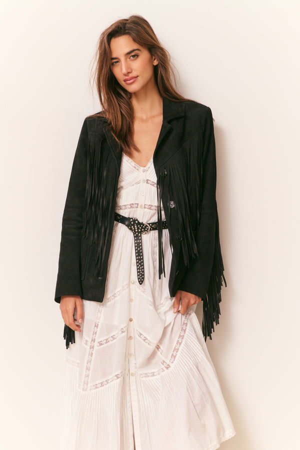 Loveshackfancy Geraline Black Suede Fringe Jacket