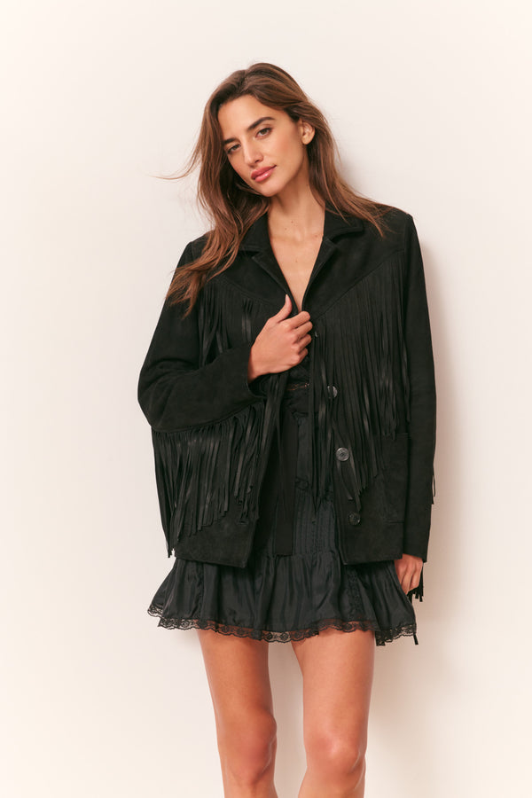 Loveshackfancy Geraline Black Suede Fringe Jacket