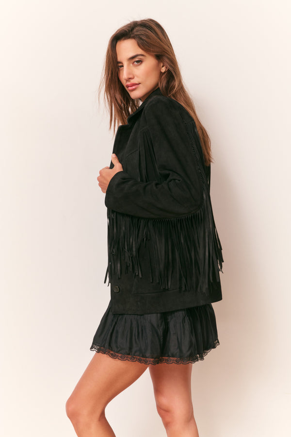 Loveshackfancy Geraline Black Suede Fringe Jacket