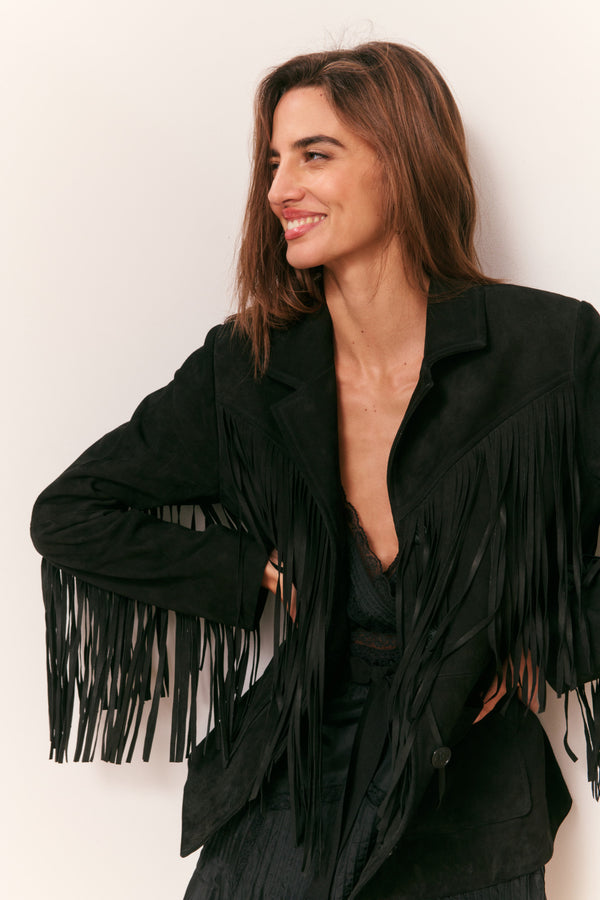 loveshackfancy Geraline Black Suede Fringe Jacket