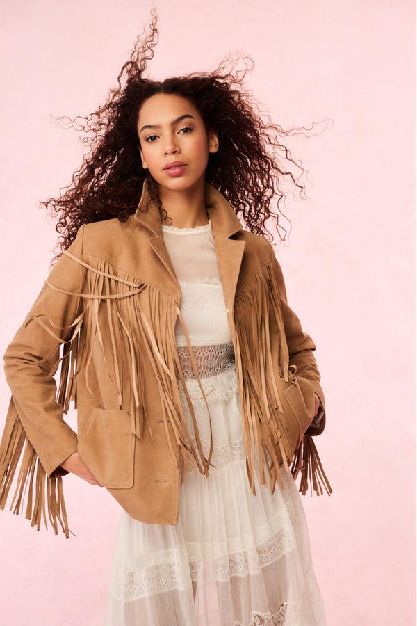 Loveshackfancy Geraline Suede Fringe Jacket