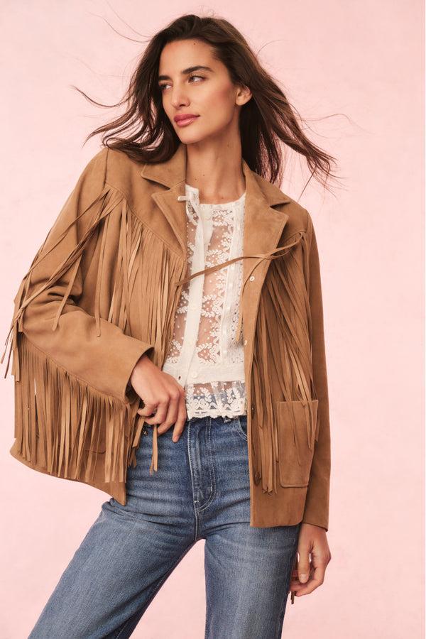 loveshackfancy Geraline Suede Fringe Jacket