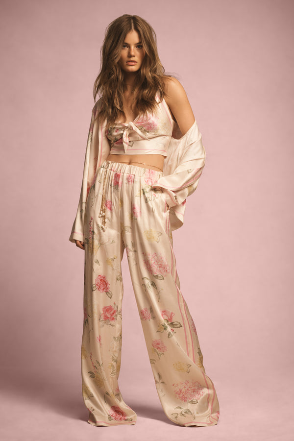 Loveshackfancy Helia Satin Floral Wide Leg Pant