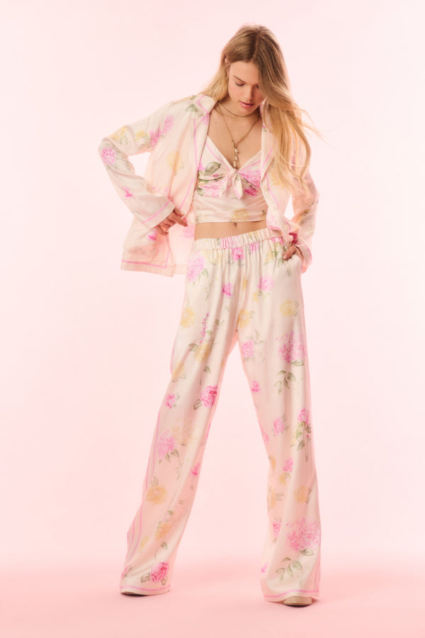 Loveshackfancy Helia Satin Floral Wide Leg Pant