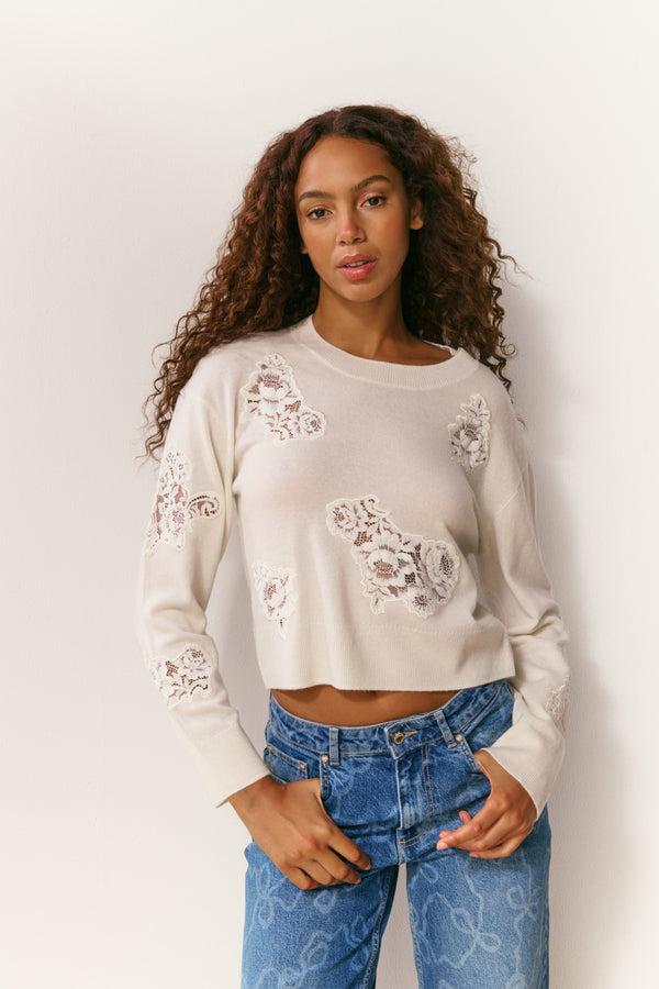 Loveshackfancy Lazuli Cashmere & Lace Sweater