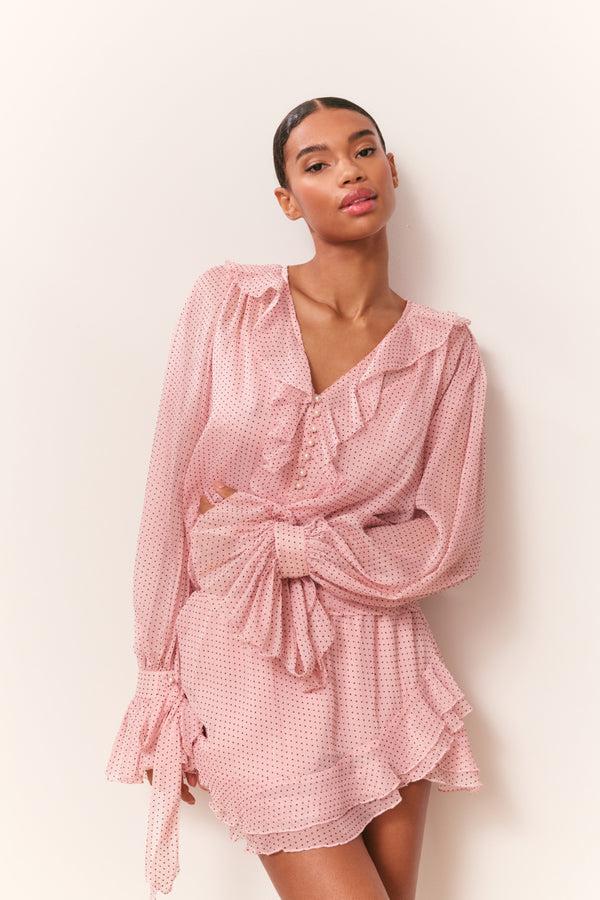 Loveshackfancy Linette Polka Dot Ruffle Blouse