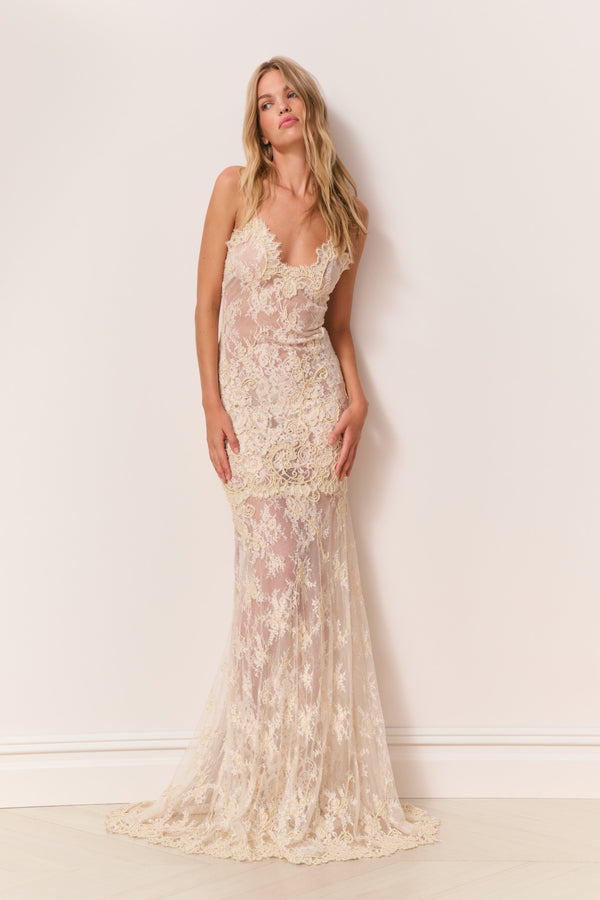Loveshackfancy Noira Lace Pearl-Embellished Gown