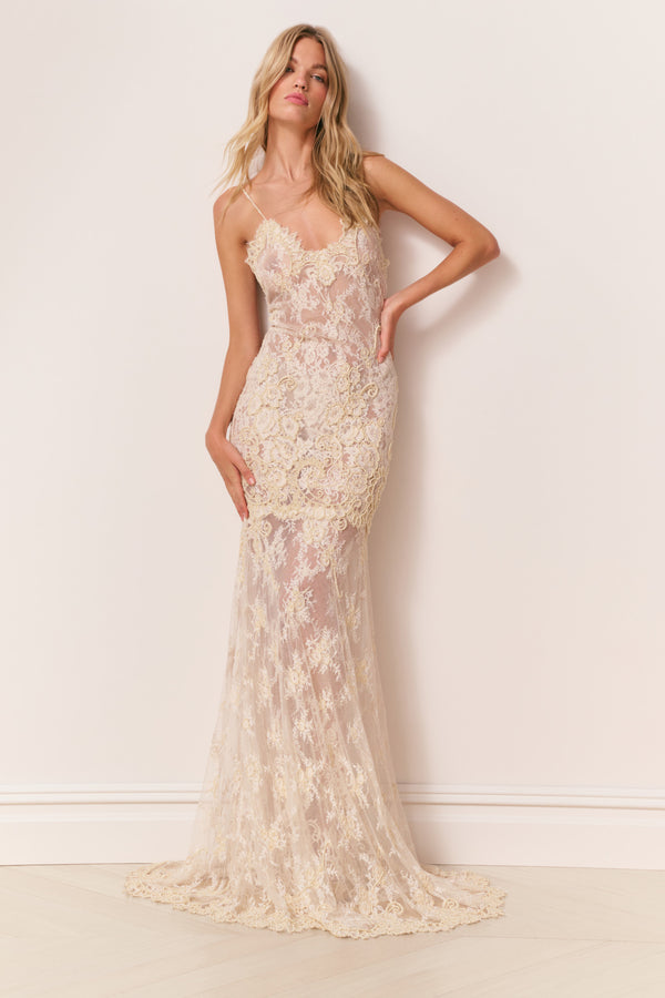 loveshackfancy Noira Lace Pearl-Embellished Gown