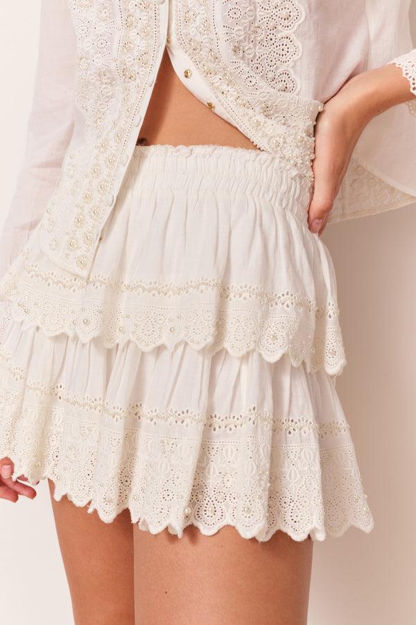 loveshackfancy Ruffle Mini Pearl-Embellished Skirt