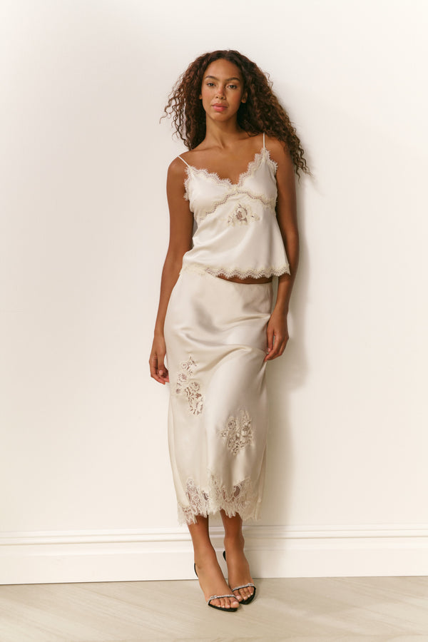 Loveshackfancy Vivia Satin Lace Midi Skirt