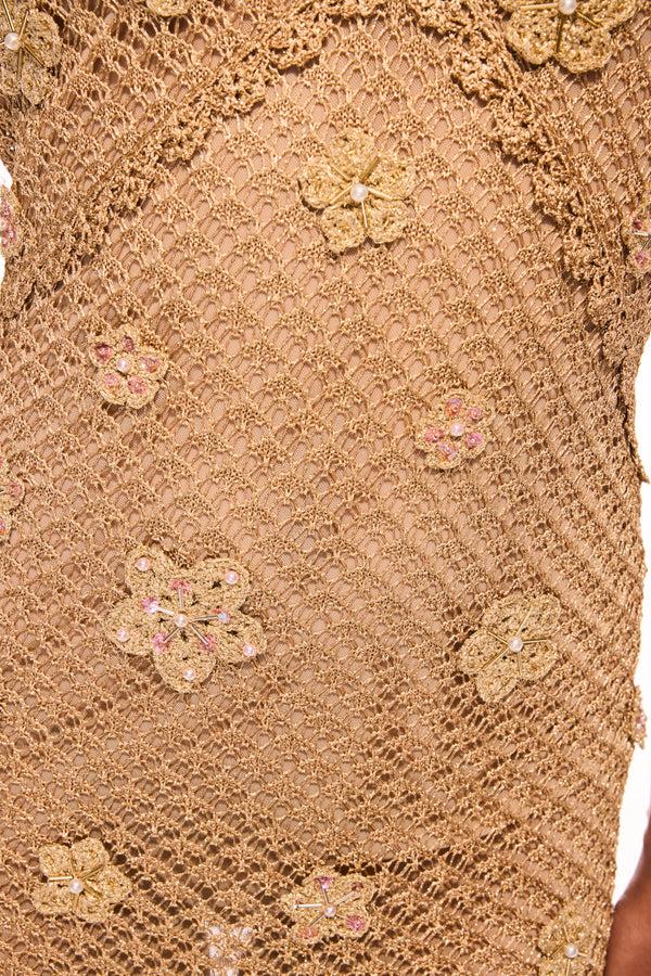 Loveshackfancy Vreya Metallic Crochet Halter Dress