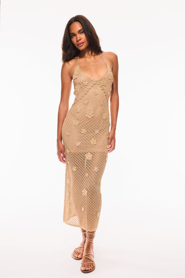 loveshackfancy Vreya Metallic Crochet Halter Dress