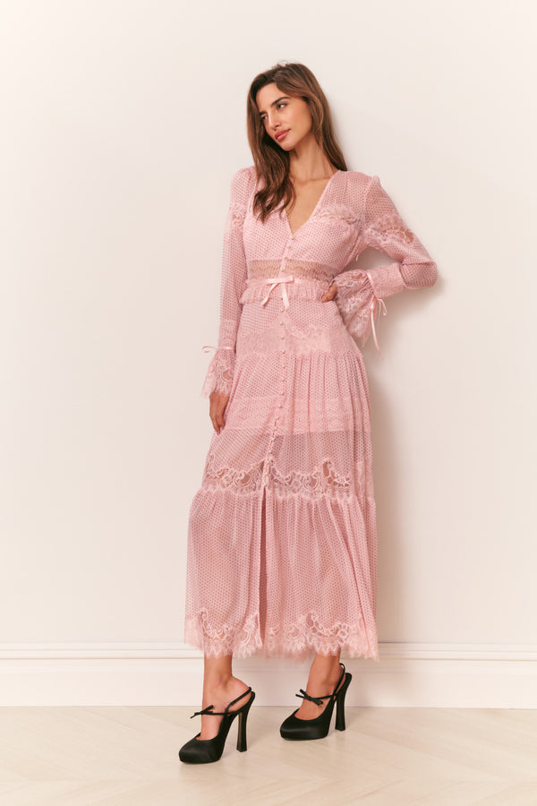 Loveshackfancy Marinetta Polka Dot Lace-Trim Maxi Dress