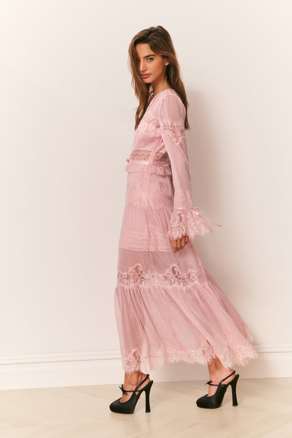 Loveshackfancy Marinetta Polka Dot Lace-Trim Maxi Dress