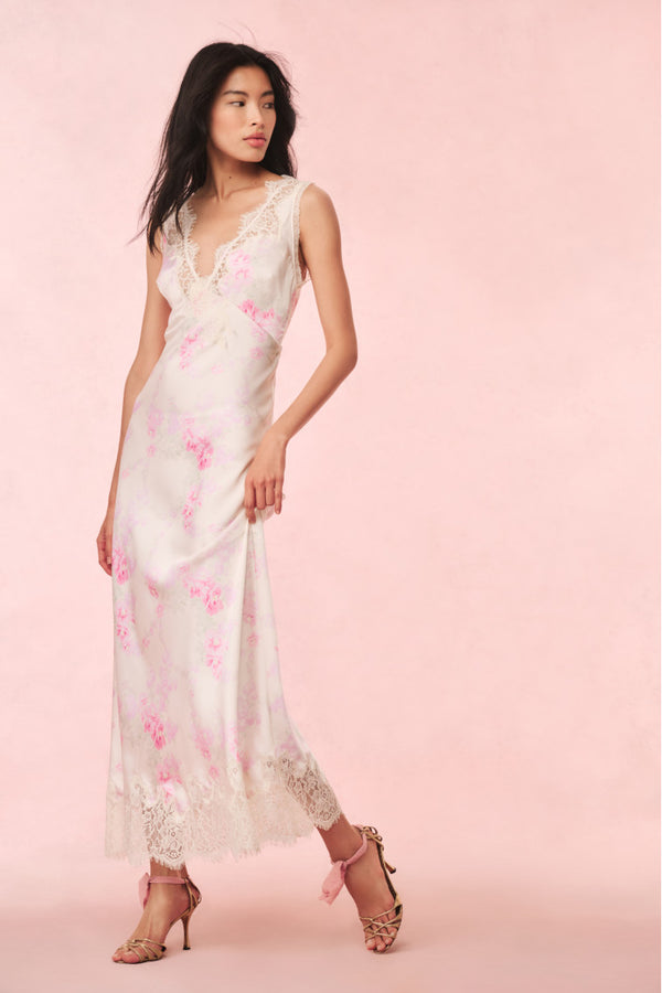 Loveshackfancy Serene Satin Lace-Trimmed Maxi Dress