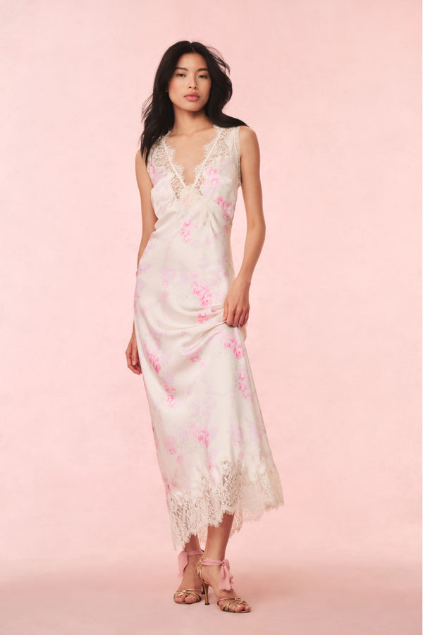 loveshackfancy Serene Satin Lace-Trimmed Maxi Dress