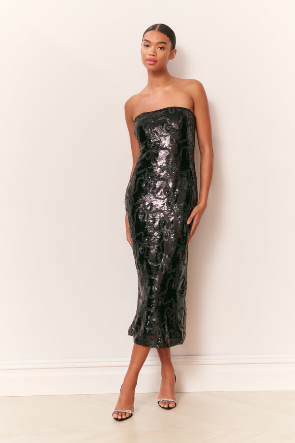 loveshackfancy Stasia Sequin Winding Bow Midi Dress