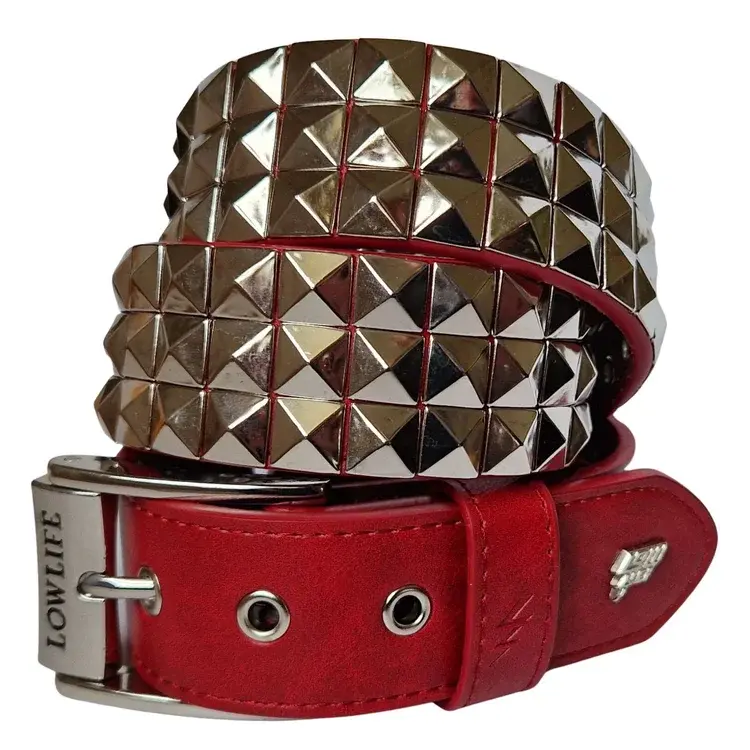 lowlife of london Triple S Studded Leather Belt in Red and Silver