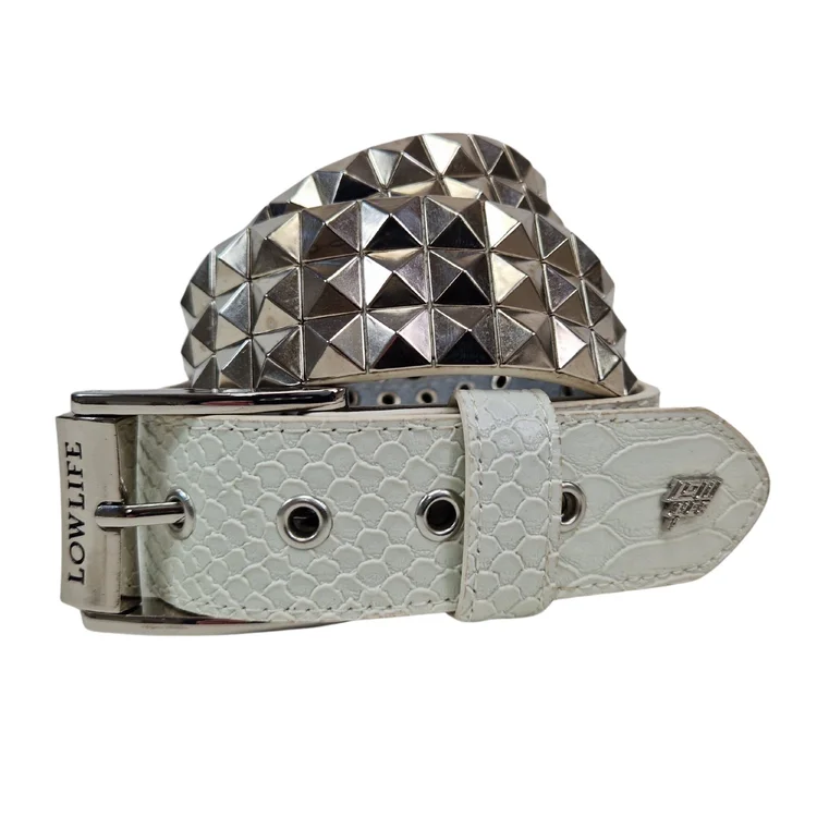 lowlife of london Triple S Studded Leather Belt in White Snakeskin
