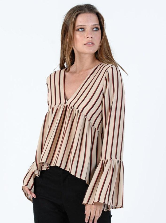 lucca couture BAILEY RUFFLE BLOUSE-TAN AUBURN STRIPE