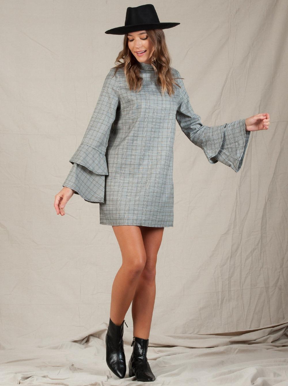 lucca couture BETH MOCK NECK DRESS-BLACK/WHITE PLAID