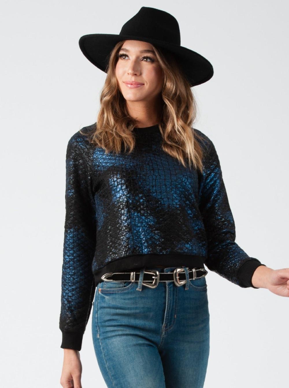 lucca couture BROOKLYN METALLIC FOIL SWEATSHIRT-NAVY