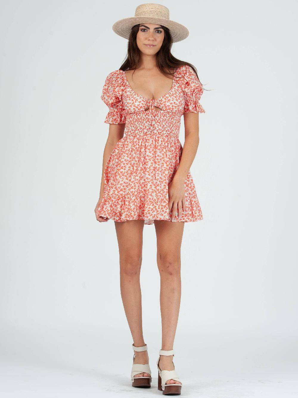 lucca couture BRYANA PUFF SLEEVE FLORAL DRESS-CORAL FLORAL