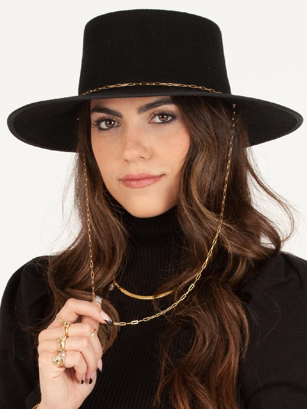 lucca couture CHARLIE WOOL BOATER HAT W/ PAPERCLIP CHAIN-BLACK