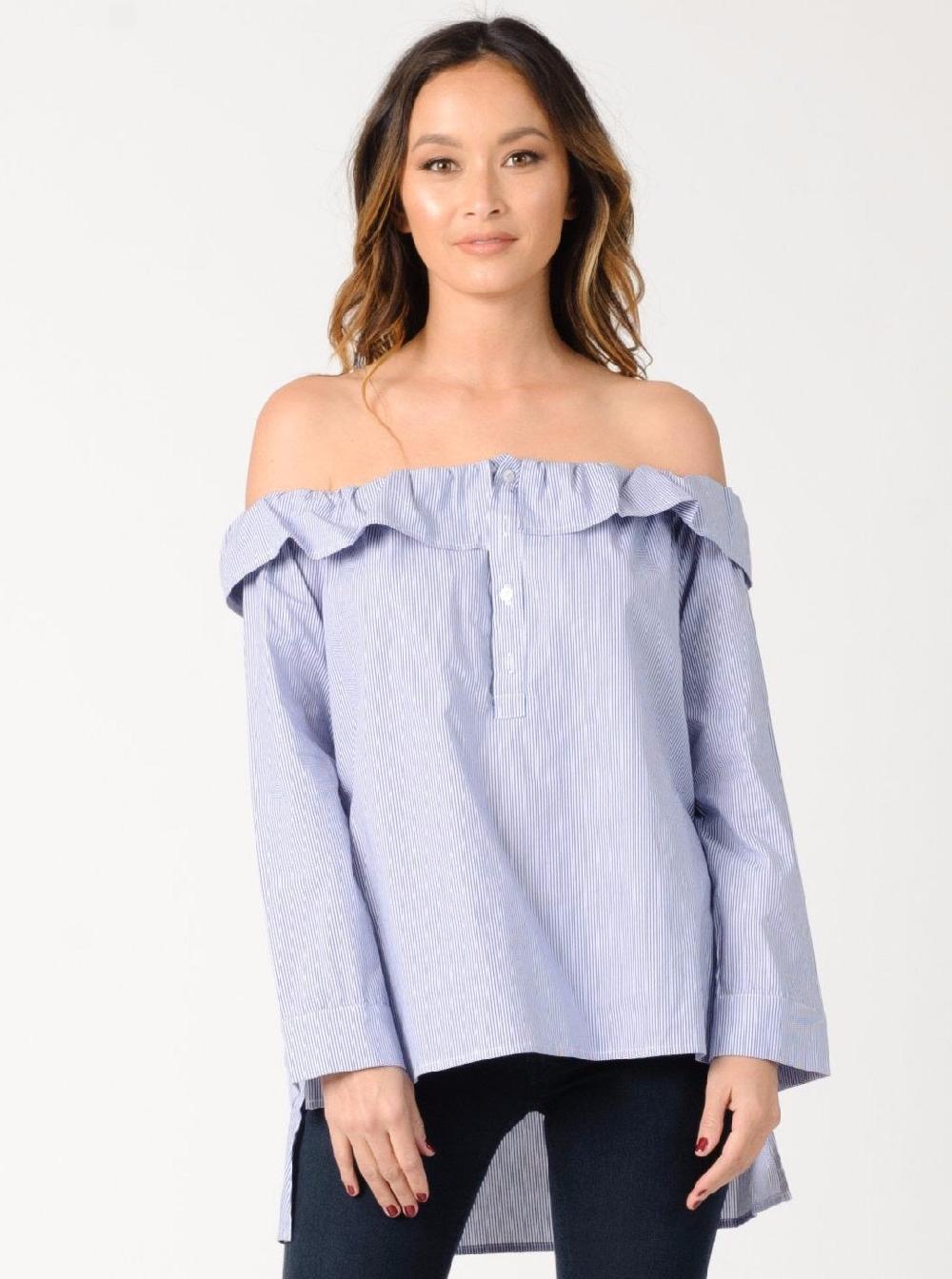 lucca couture CHARLOTTE OFF SHOULDER TOP-BLUE WHITE STRIPE