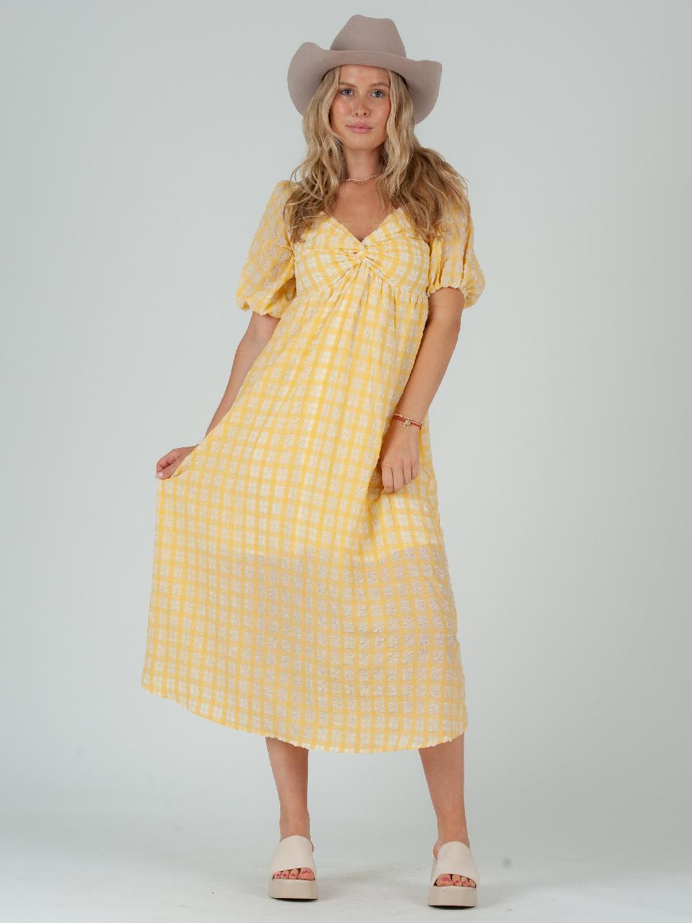lucca couture CLARA PUFF SLEEVE TWIST TOP MIDI DRESS-CANARY