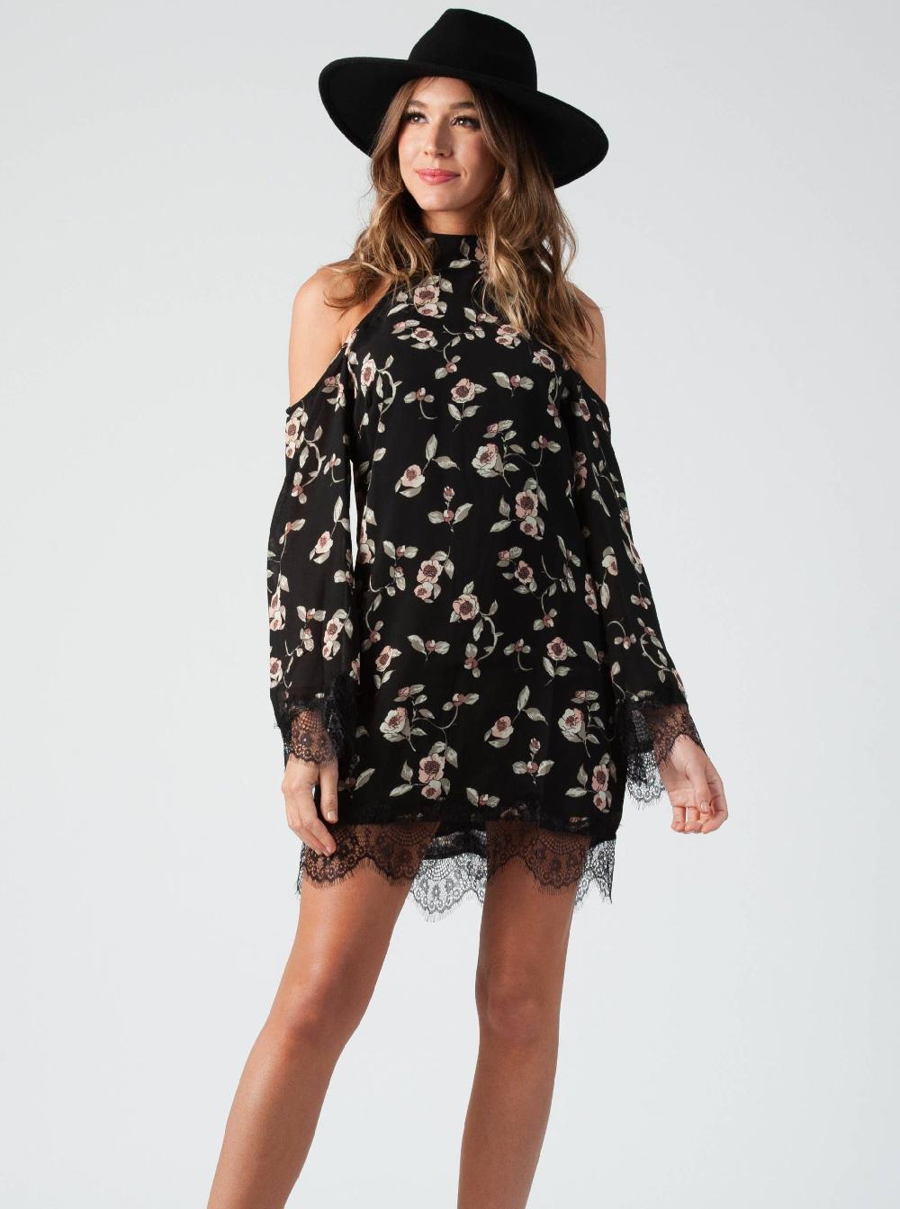 lucca couture COLD SHOULDER LACE MIX DRESS-BLACK FLORAL