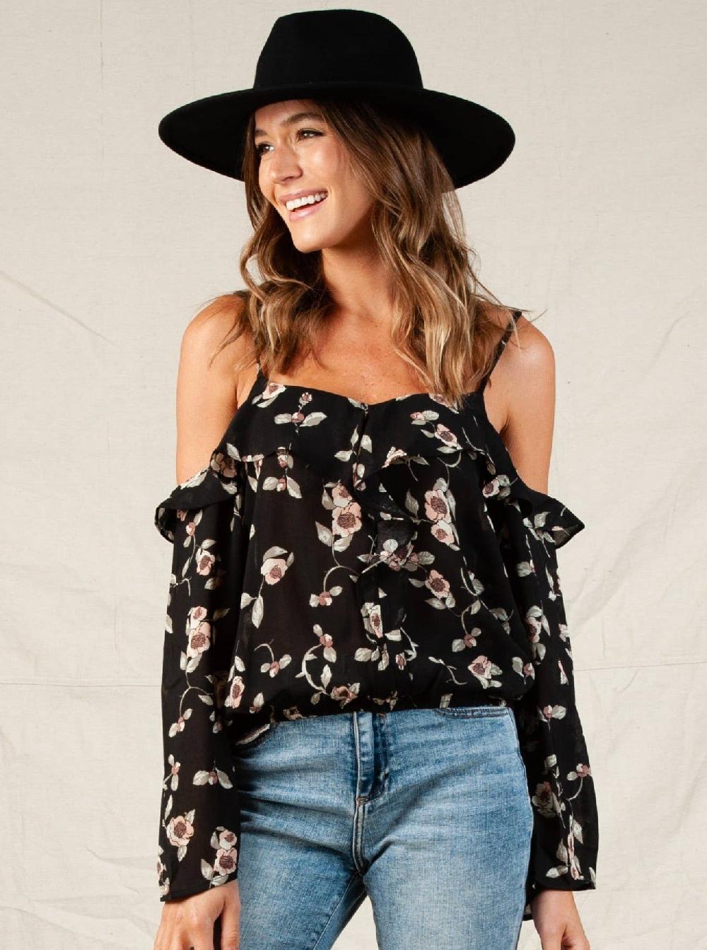 lucca couture COLD SHOULDER RUFFLE TOP-BLACK FLORAL