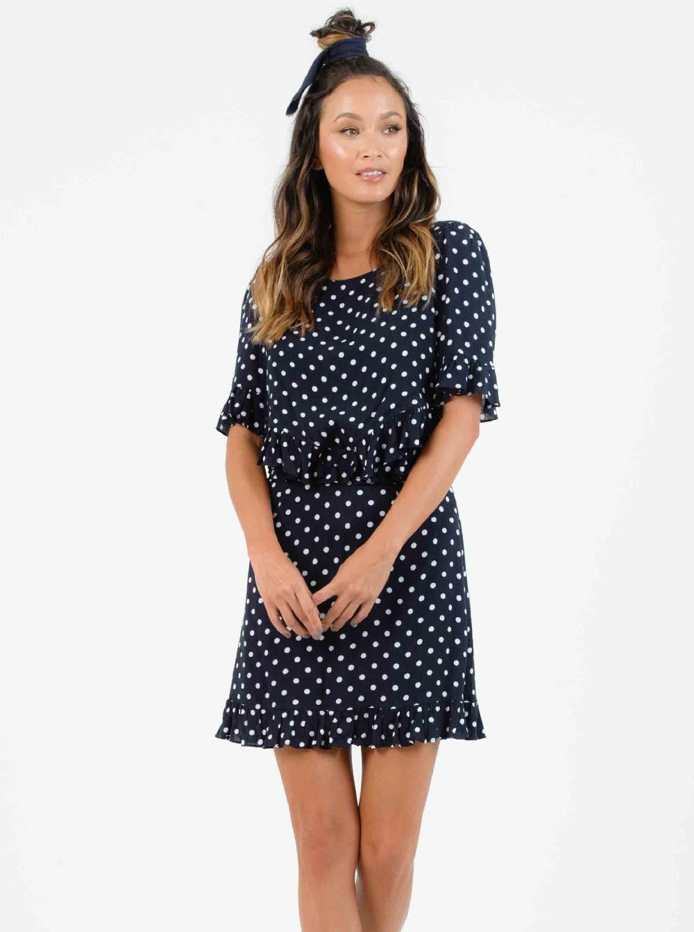 lucca couture DAHLIA OPEN WAIST MINI DRESS-NAVY POLKA DOT