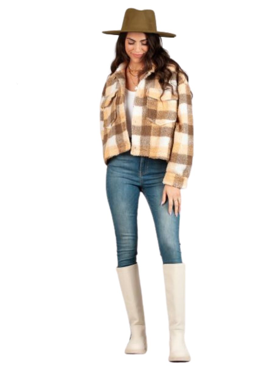 lucca couture DAKOTA CROPPED SHERPA JACKET-WOODSY PLAID