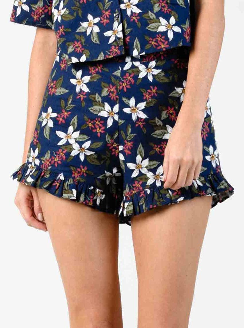 lucca couture DANIELLA HI WAISTED RUFFLE SHORT-NAVY FLORAL