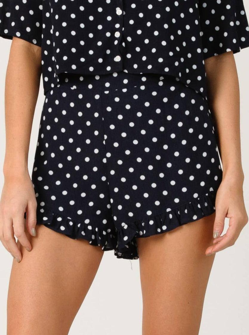 lucca couture DANIELLA HI WAISTED RUFFLE SHORT-NAVY POLKA DOT