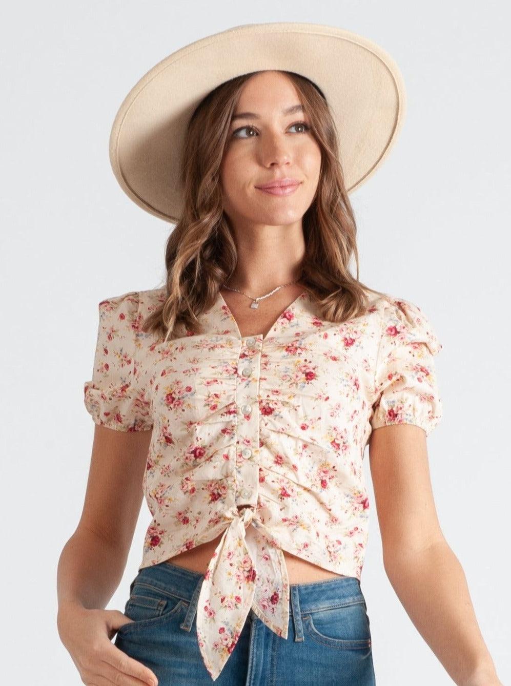 lucca couture DAPHNE BUTTON TIE FRONT TOP-PEONY FLORAL