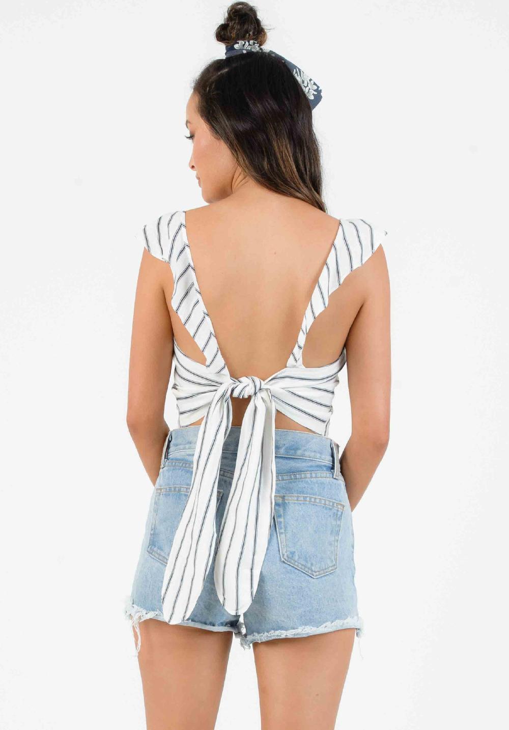 lucca couture DIANA RUFFLE TIE BACK BLOUSE-WHITE/NAVY STRIPE