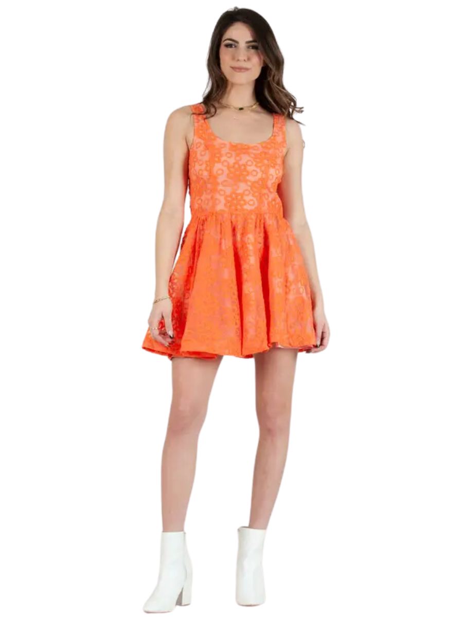 lucca couture DYLAN OVERLAY EMBROIDERED DRESS-CORAL