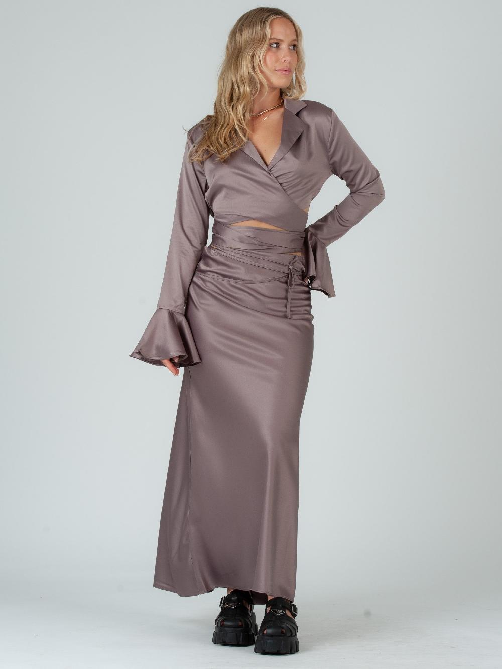 lucca couture ELISA SATIN WRAP TOP AND SKIRT SET-TAMARIND PLUM