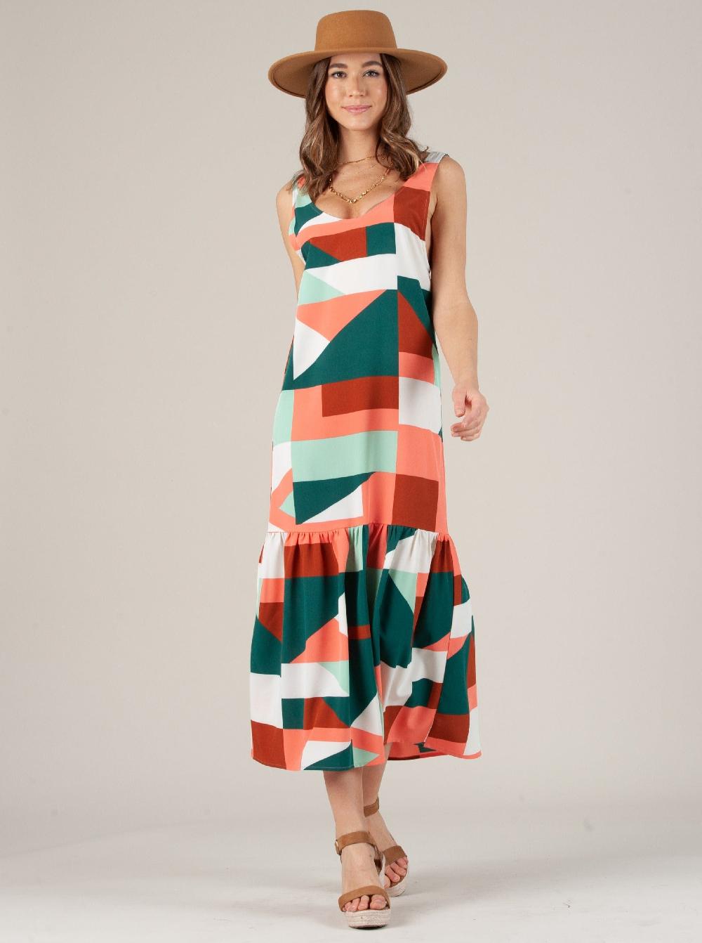 lucca couture EMBER LOW BACK RUFFLE HEM DRESS-GREEN CORAL GEO