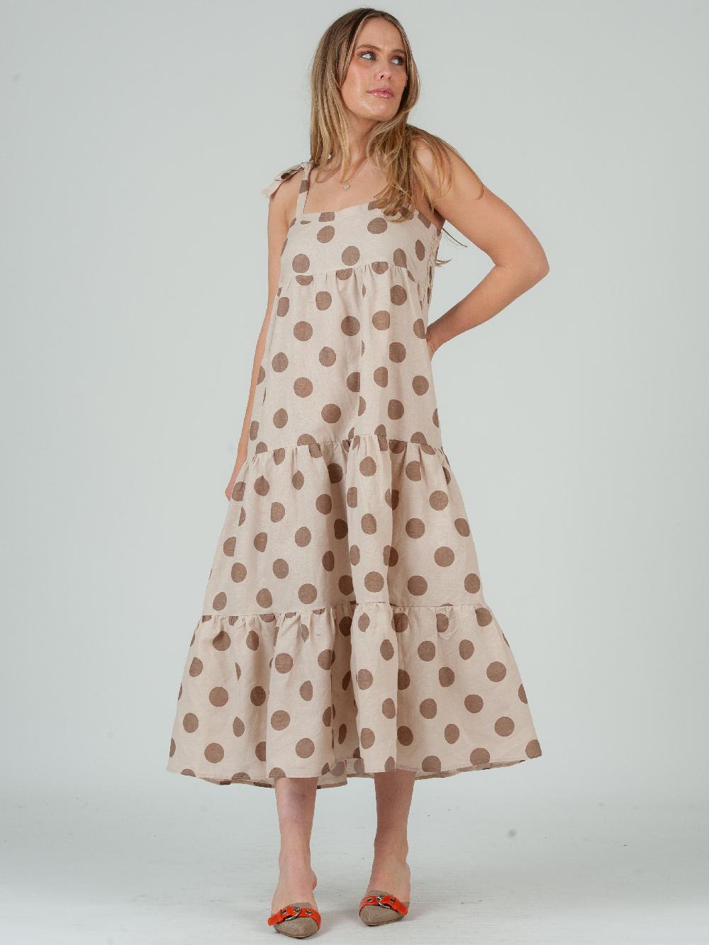 lucca couture EMMELINE POLKA DOT TIE SHOULDER MAXI DRESS-MOCHA
