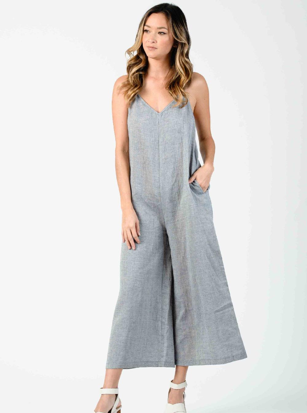 lucca couture FAITH V-NECK RACER BACK JUMPSUIT-NAVY GAUZE