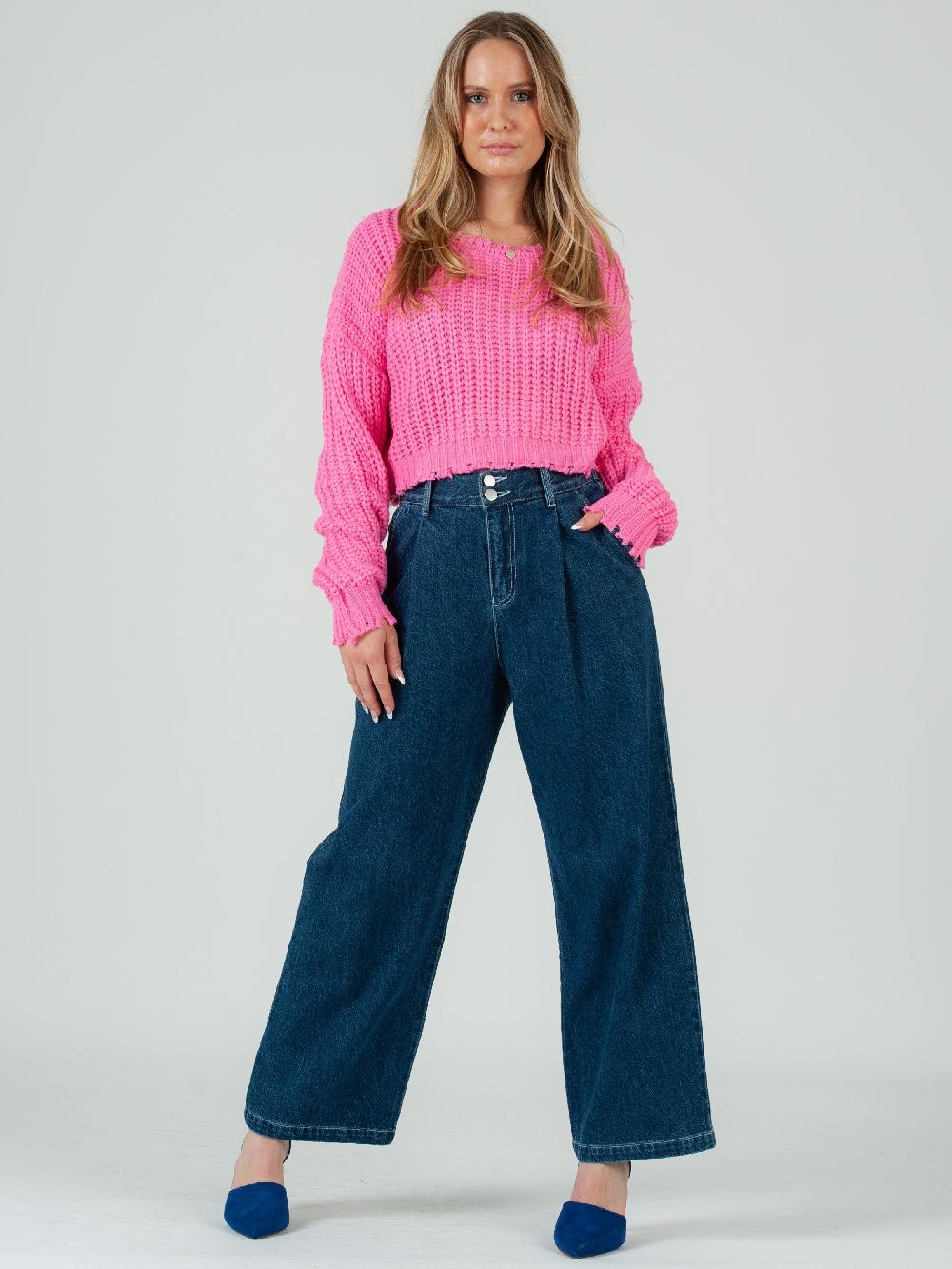 lucca couture FIONA FRAYED EDGES CROPPED SWEATER-PINK