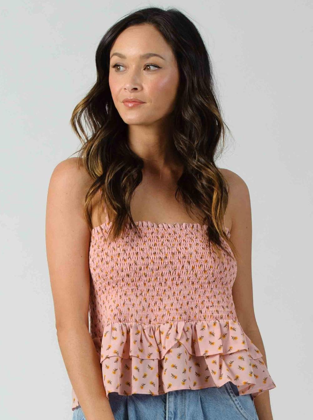 lucca couture FLORENT PEPLUM SMOCKED TOP-PINK DAISY