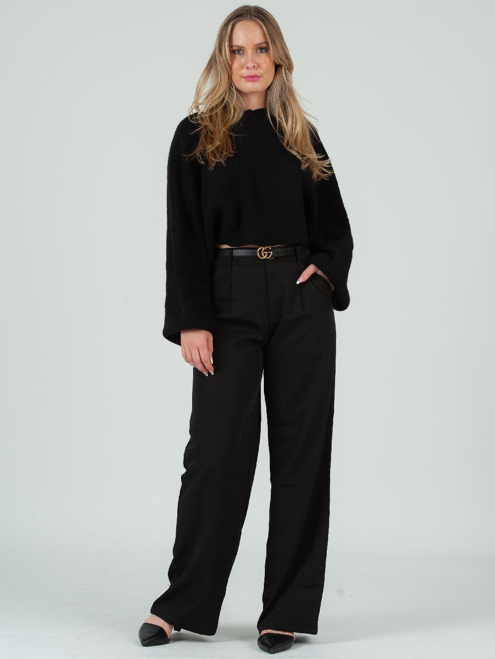 lucca couture FREYA CROPPED BALLOON SLEEVE RIBBED SWEATER-BLACK