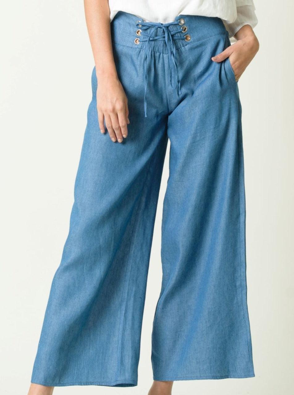 lucca couture GIANNA LACE UP HIGH WAISTED CULOTTES-DENIM