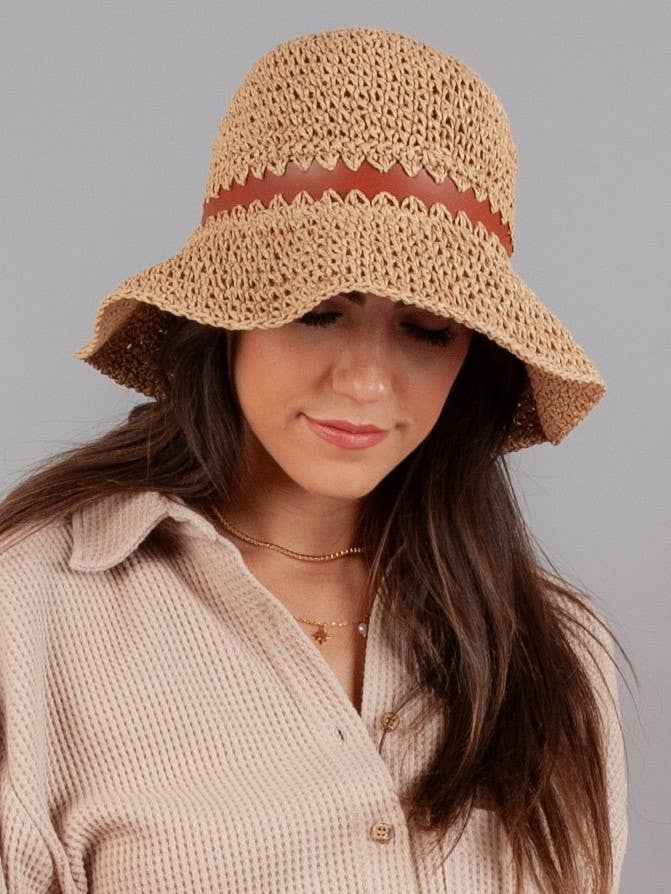lucca couture GRETCHEN STRAW BUCKET HAT W/ FAUX LEATHER TRIM-TAN