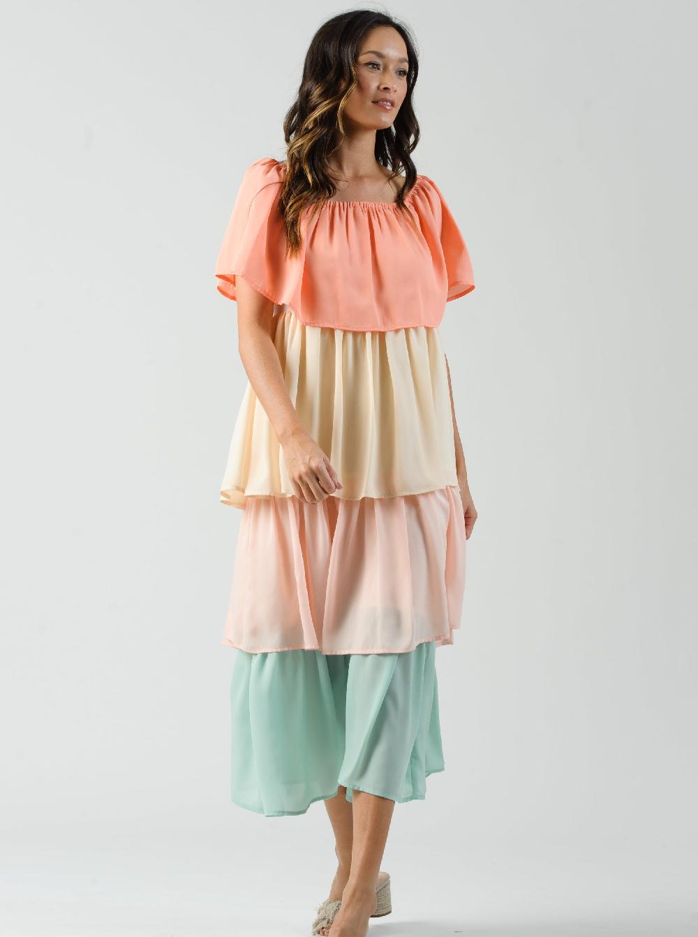 lucca couture HELENE OFF THE SHOULDER TIERED DRESS-MELON BLOCK