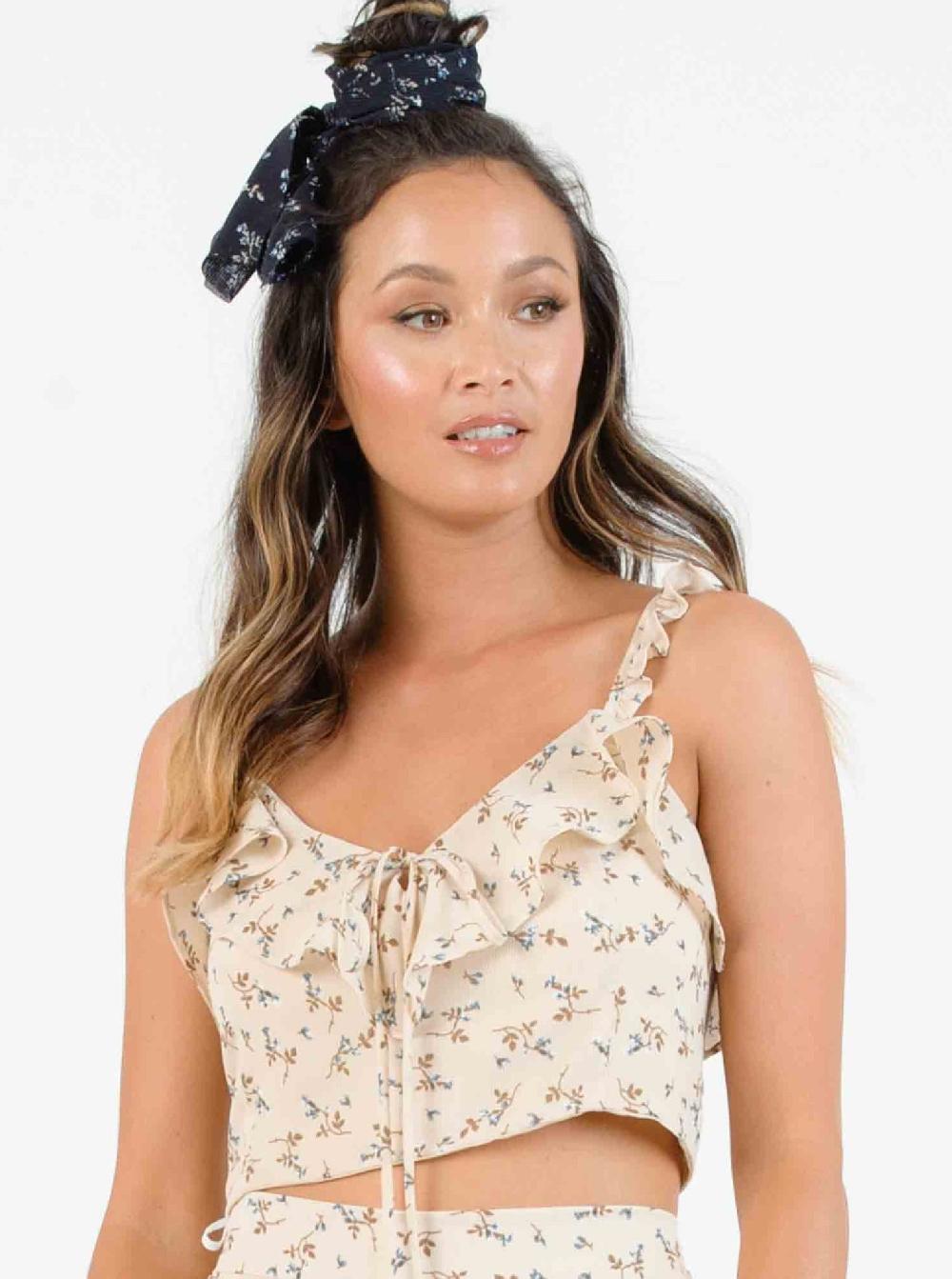 lucca couture HYGEIA RUFFLE STRAP TOP-TAN MINI FLORAL